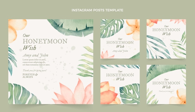 Free vector watercolor honeymoon instagram posts collection