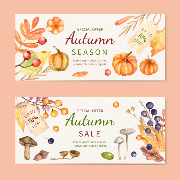 Free Vector watercolor horizontal autumn sale banners set