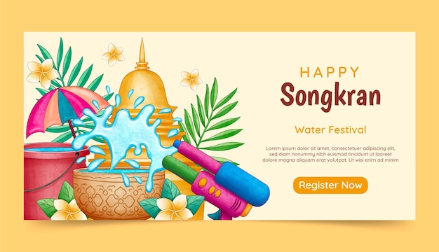 Free vector watercolor horizontal banner template for songkran water festival celebration