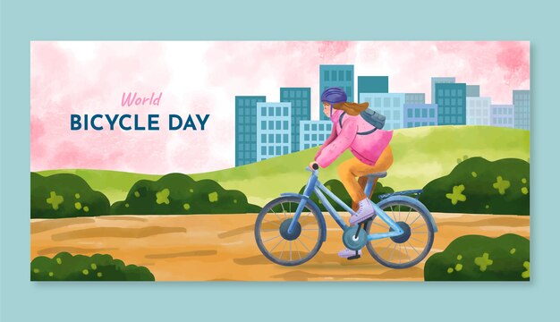 세계 자전거의 날 축하를 위한 수채화 가로 배너 서식 파일