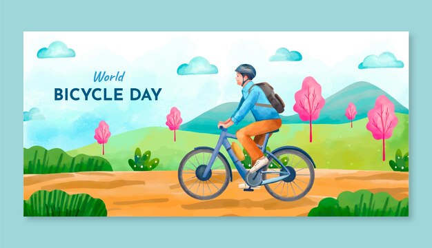 Watercolor horizontal banner template for world bicycle day celebration