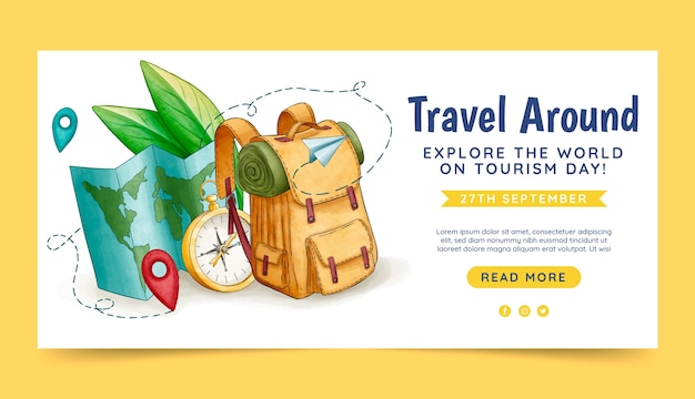 Free vector watercolor horizontal banner template for world tourism day