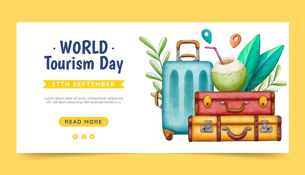 Vettore gratuito modello di banner orizzontale ad acquerello per la giornata mondiale del turismo