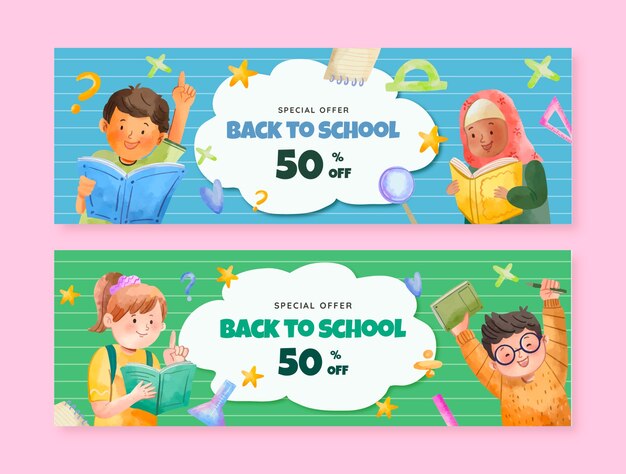 Watercolor horizontal sale banner template for back to school season