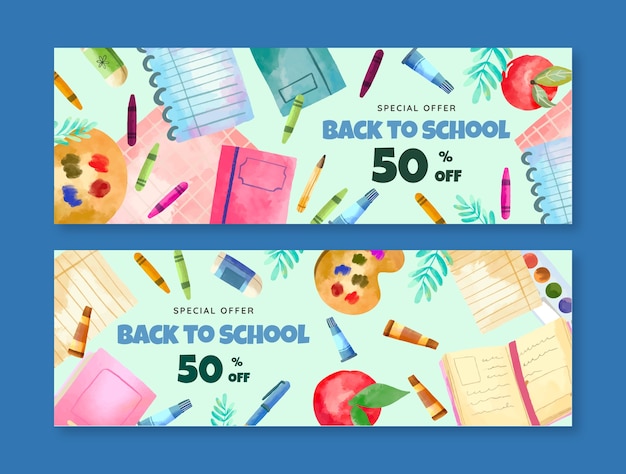 Free vector watercolor horizontal sale banner template for back to school season