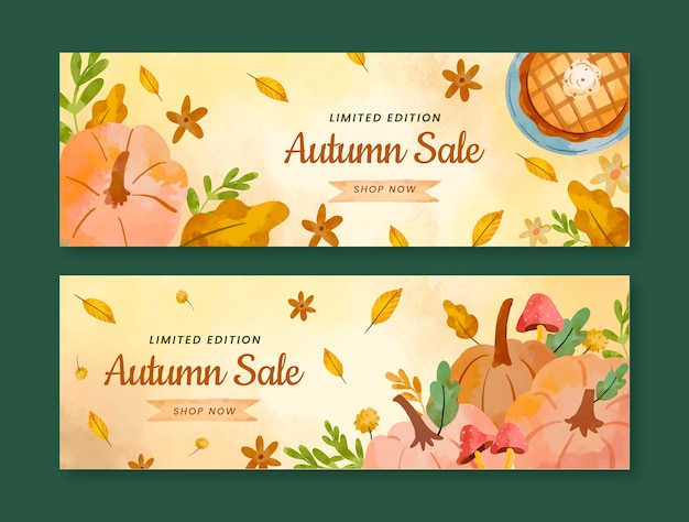 Free vector watercolor horizontal sale banner template for fall season