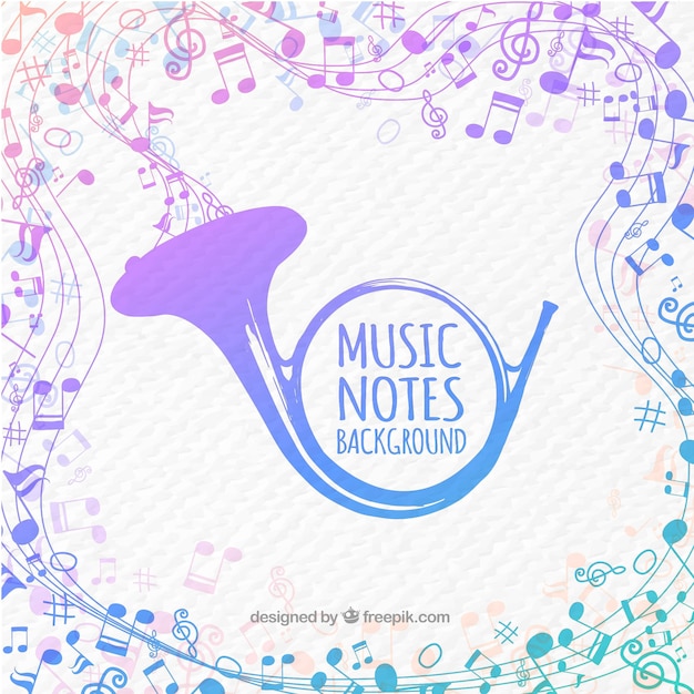 Watercolor horn background with musical notes