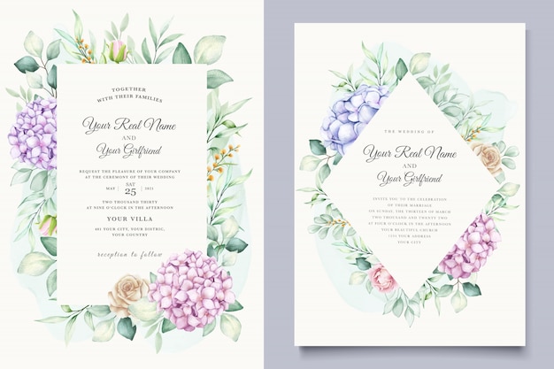 Watercolor hydrangea wedding invitation card template