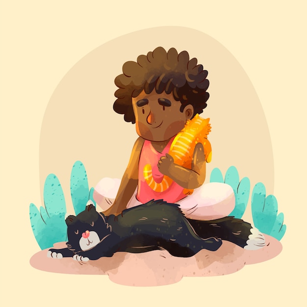 Акварельная иллюстрация ребенка с животным