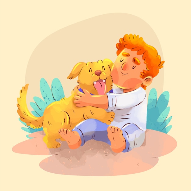 Free vector watercolor illustration of child with animal