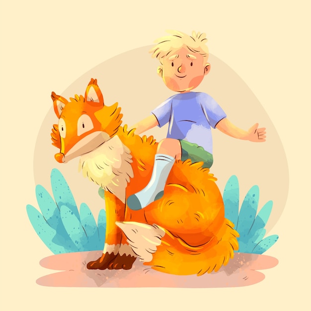 Free vector watercolor illustration of child with animal