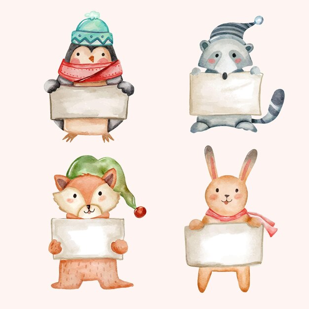 watercolor illustration of christmas character holding blank banner
