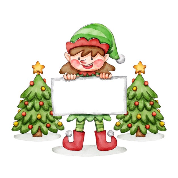 Watercolor illustration of christmas character holding blank banner