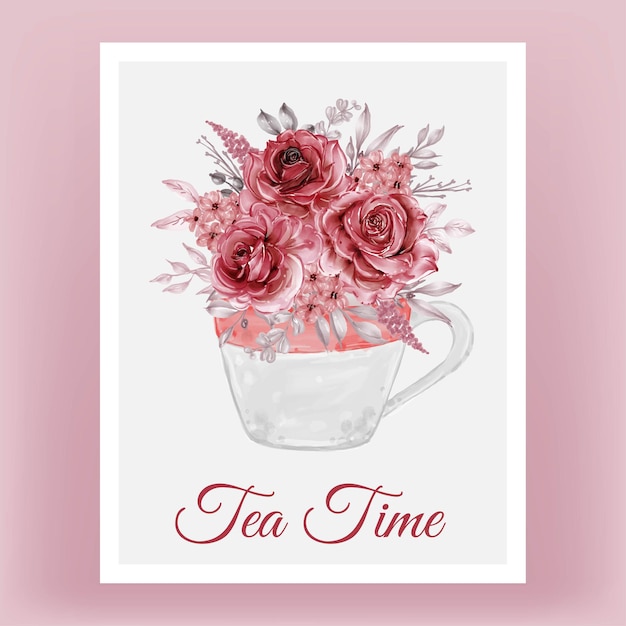 Tazza di illustrazione dell'acquerello con bouquet di fiori