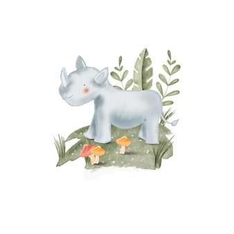 Watercolor illustration cute rhino,for nursery and baby shower