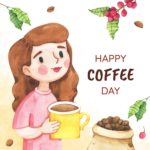 무료 벡터 세계 커피의 날 축하 를 위한 수채화 일러스트레이션
