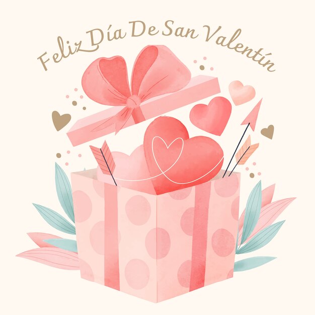 Watercolor illustration of happy valentine's day in spanish