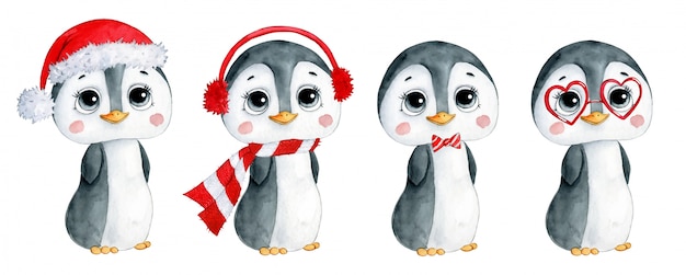 かわいい漫画の冬のクリスマスペンギンセットの水彩イラスト プレミアムベクター かわいい漫画の冬のクリスマスペンギンセットの水彩イラスト プレミアムベクター