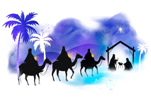 Watercolor illustration of reyes magos arriving to the nativity scene