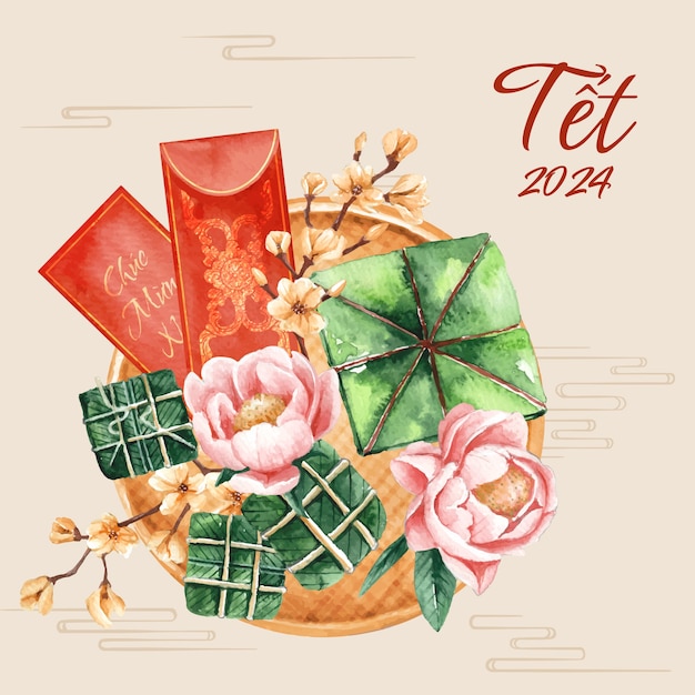 Free vector watercolor illustration for tet new year celebration