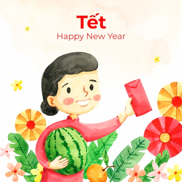 Free vector watercolor illustration for tet new year celebration