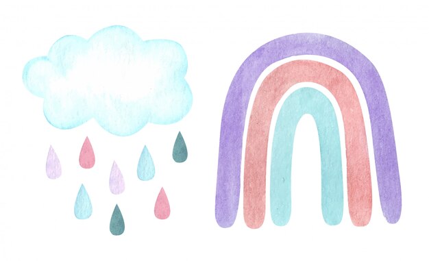 雲と雨と水彩ベクトル虹 保育園 ベビーシャワーのイラスト プレミアムベクター
