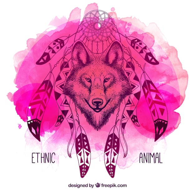 Watercolor illustration of wolf with dreamcatcher