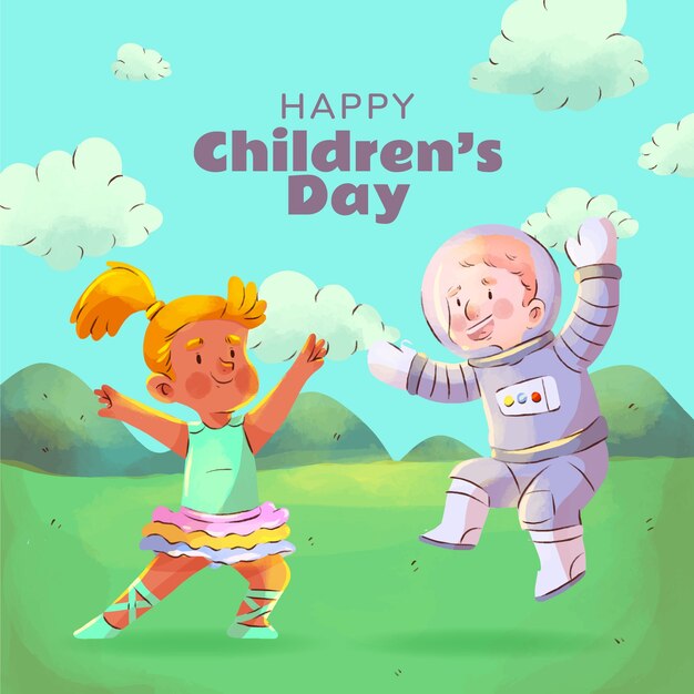 watercolor illustration for world children's day celebration with kids playing