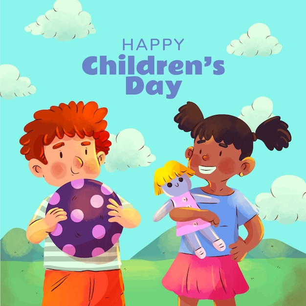 Watercolor illustration for world children's day celebration with kids playing