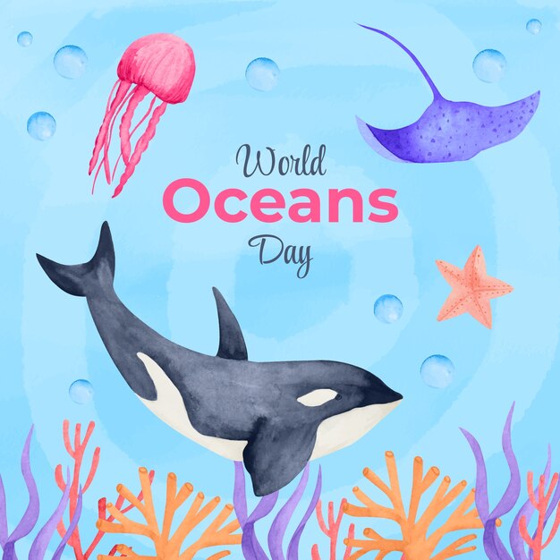세계 해양의 날 축하를 위한 수채화