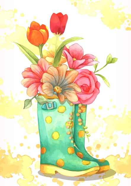 Free vector watercolor illustration. yellow polka dot rubber boots