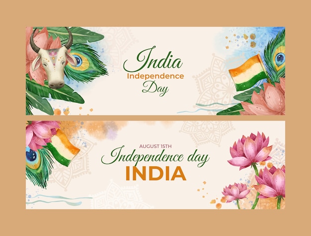 Watercolor india independence day horizontal banners set
