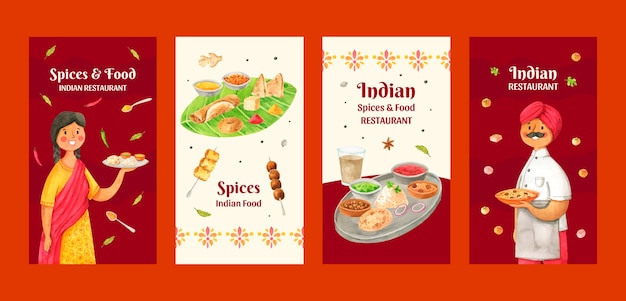 Free vector watercolor indian food restaurant instagram stories