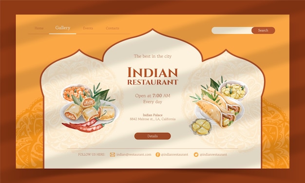 Free vector watercolor indian food restaurant landing page