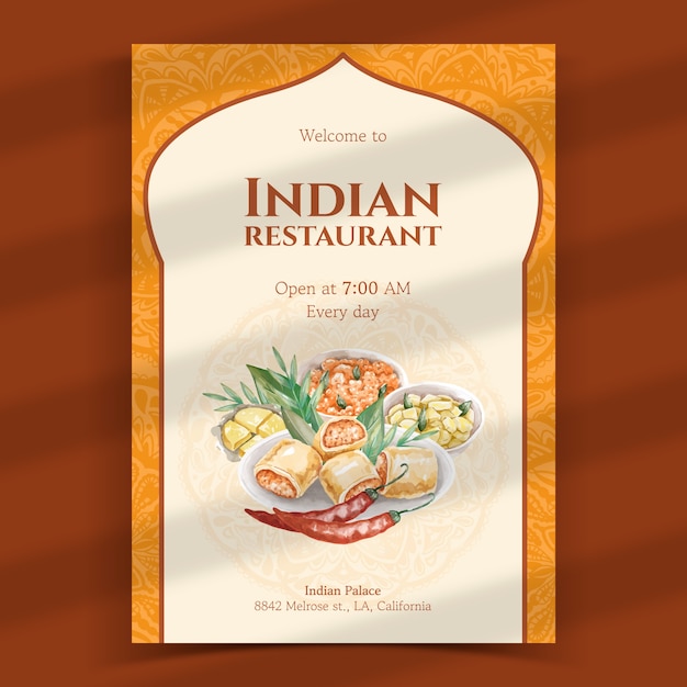 Watercolor indian food restaurant poster template