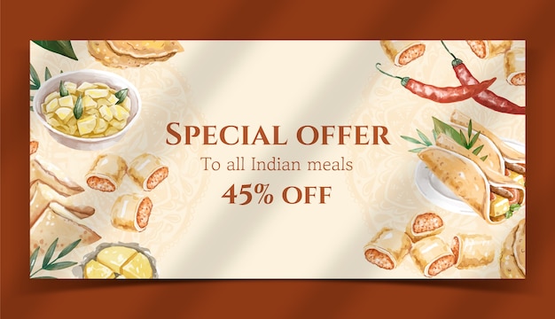 Banner di vendita del ristorante di cibo indiano dell'acquerello
