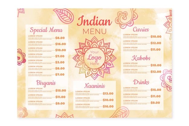 Watercolor indian menu template