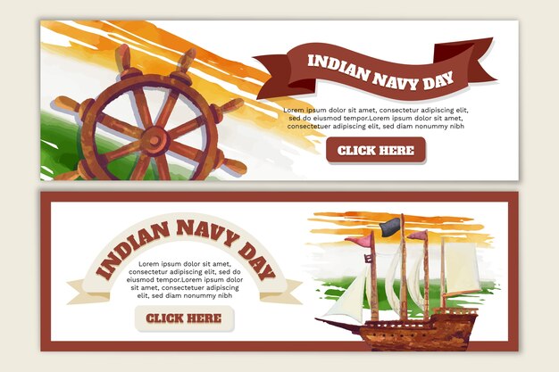 Watercolor indian navy day horizontal banners set