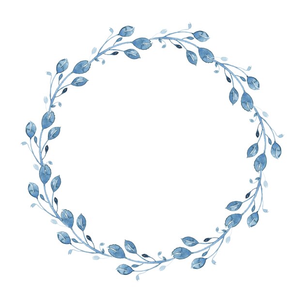 Watercolor indigo floral wreath with twig, branch and abstract leaves