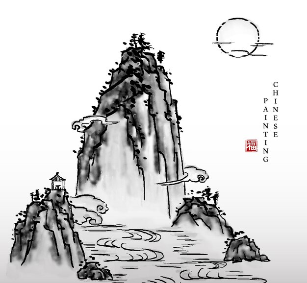 山の川と月の水彩インクペイントアートテクスチャイラストbastract風景ビュー プレミアムベクター