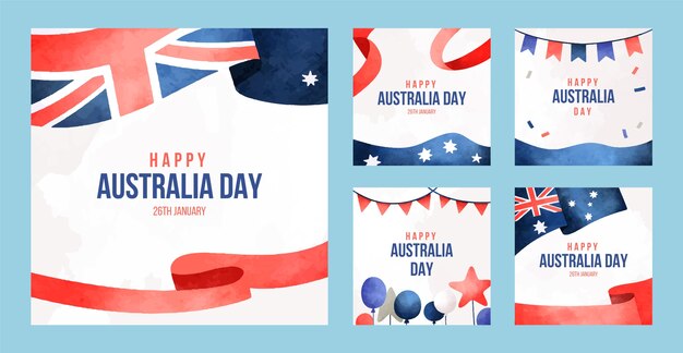 Watercolor instagram posts collection for australian national day