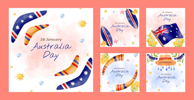 Watercolor instagram posts collection for australian national day