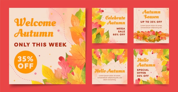 Watercolor instagram posts collection for autumn celebration