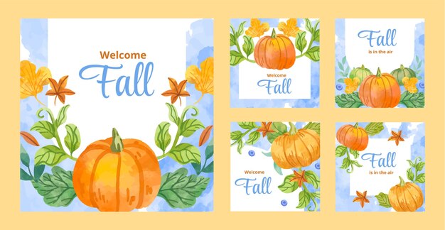 Watercolor instagram posts collection for fall season celebration