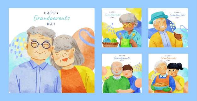 Бесплатное векторное изображение Коллекция акварельных постов в instagram для празднования дня бабушек и дедушек
