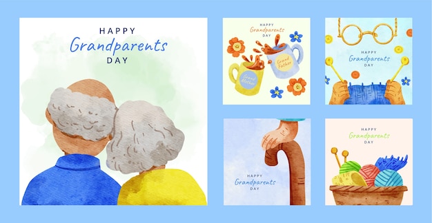 Free vector watercolor instagram posts collection for grandparents day celebration