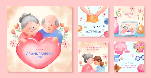 Free vector watercolor instagram posts collection for grandparents day celebration