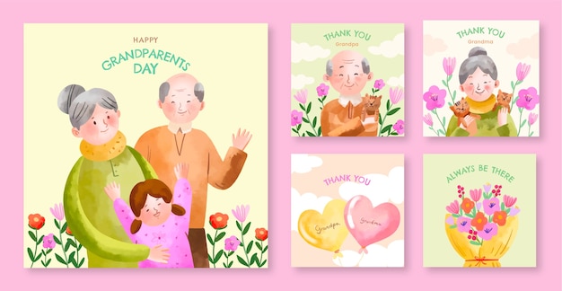 Free vector watercolor instagram posts collection for grandparents day celebration