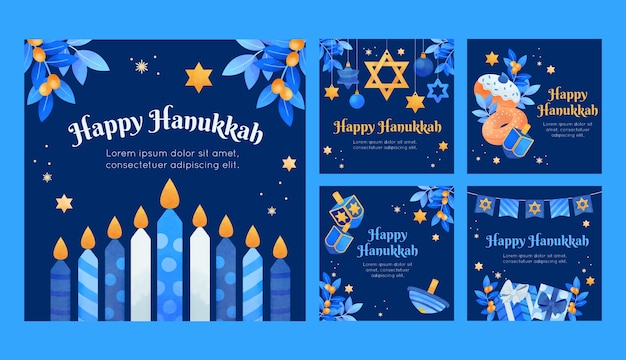 Watercolor instagram posts collection for hanukkah celebration