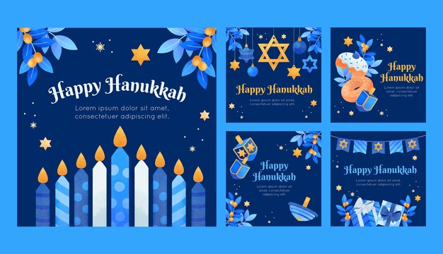 Watercolor instagram posts collection for hanukkah celebration